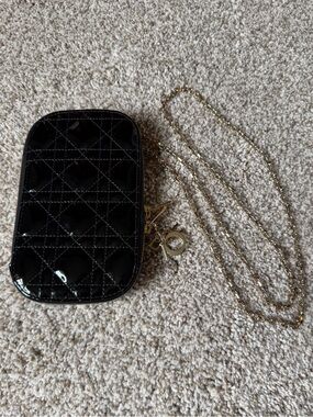 Christian Dior Black Quilted Patent Leather Mini Crossbody Bag with Gold Chain